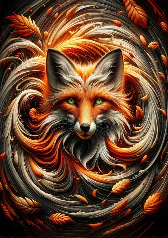Fox head with fur that swirls like the autumn winds
