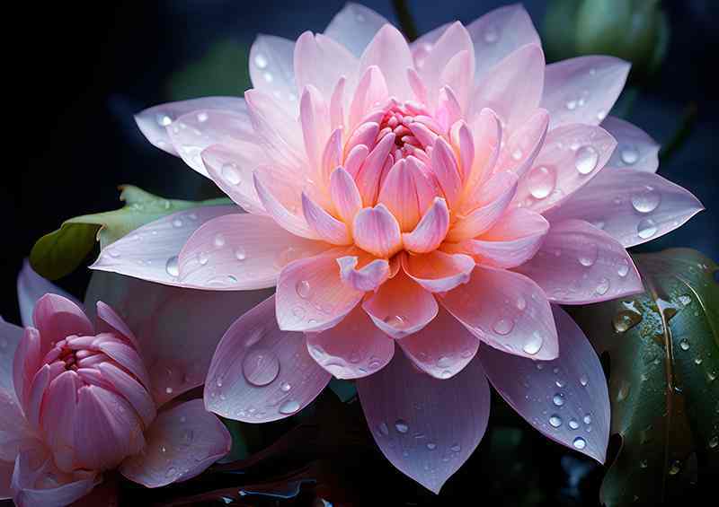 Water droplets on a pink flower reflects