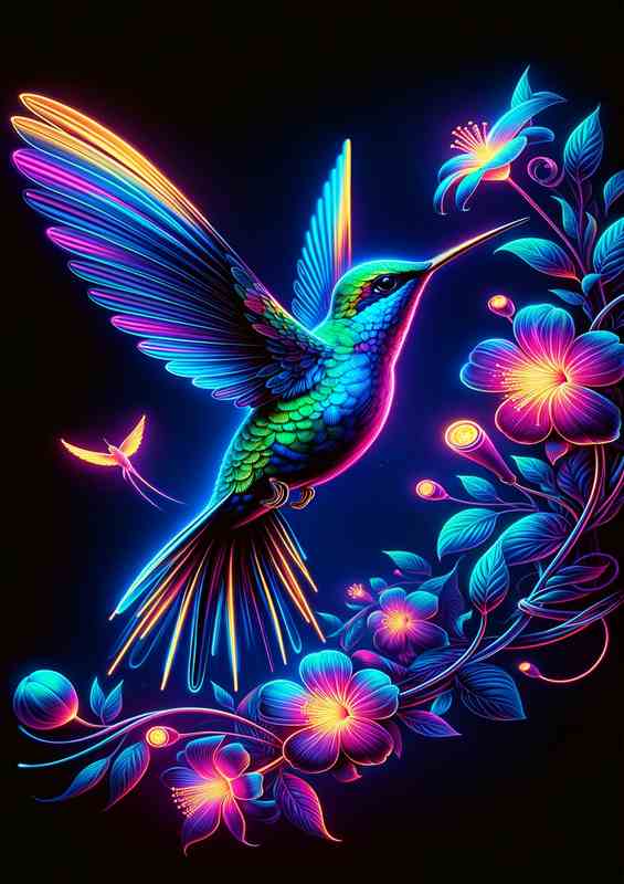 Hummingbird in flight depicted in a neon art style