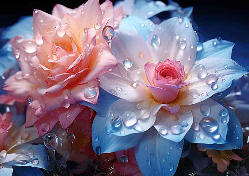 Water droplets on a pink flower reflects blue