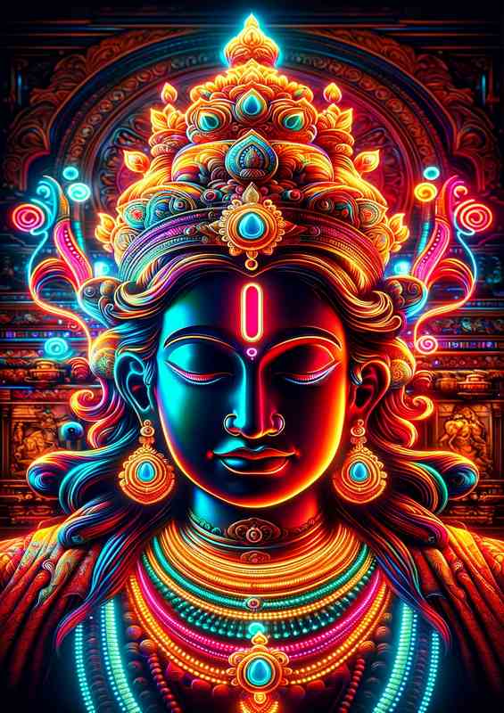 Indian deity illuminated with brilliant neon colors