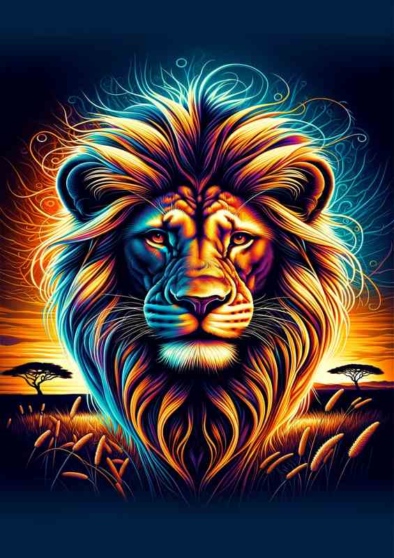 Lions head in neon digital art style African savanna