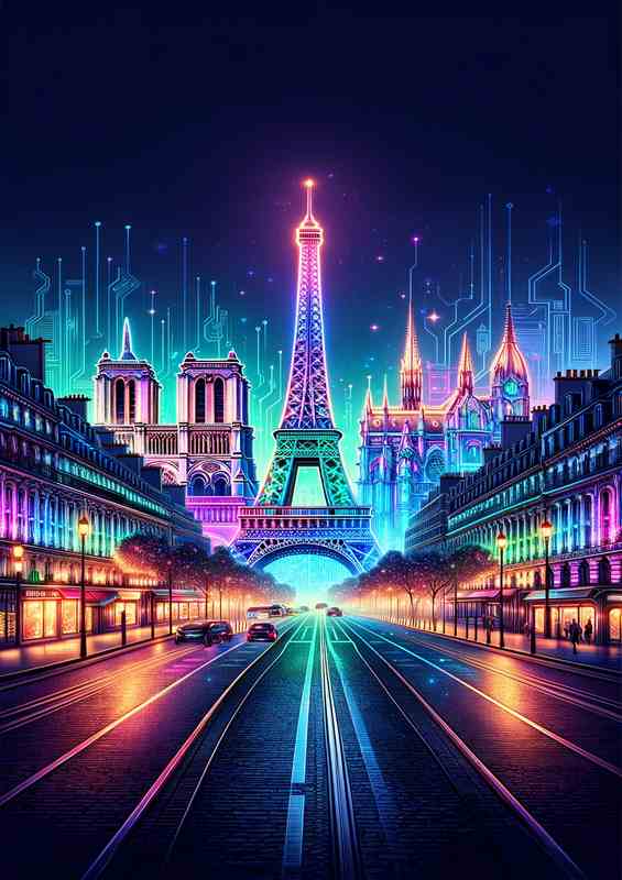 Paris skyline illuminated in dazzling neon colors