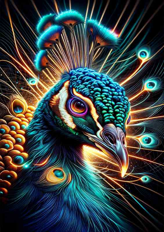 Peacocks head in neon digital art style