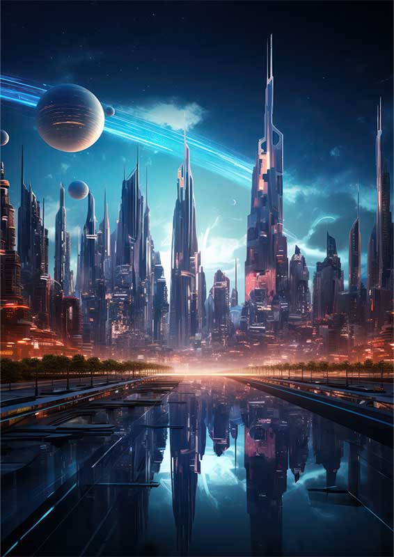 Futuristic city with neon lights shown above the city