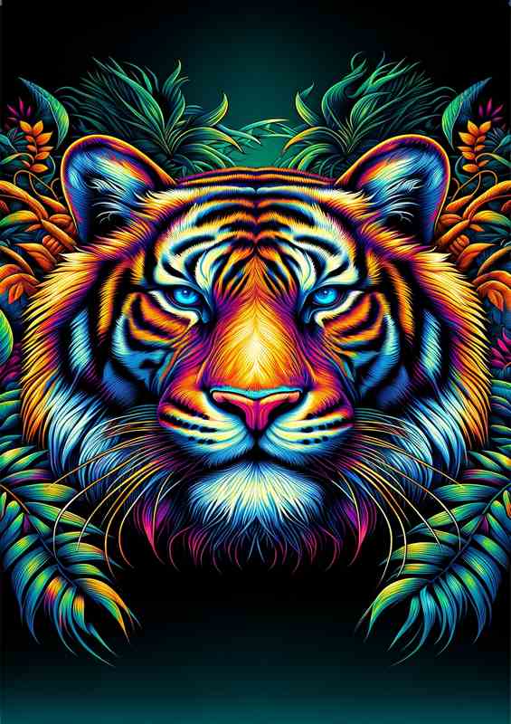 Tigers head in neon with elements of a dense jungle