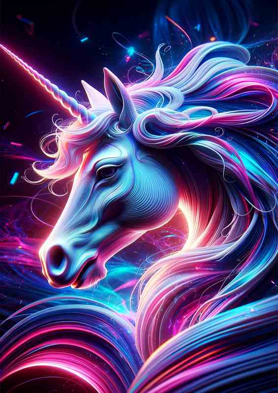 Unicorn head bathed in a kaleidoscope of neon colors