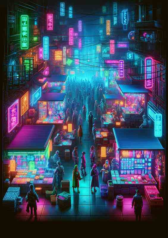 Vertical portrait of a neon lit cyberpunk marketplace
