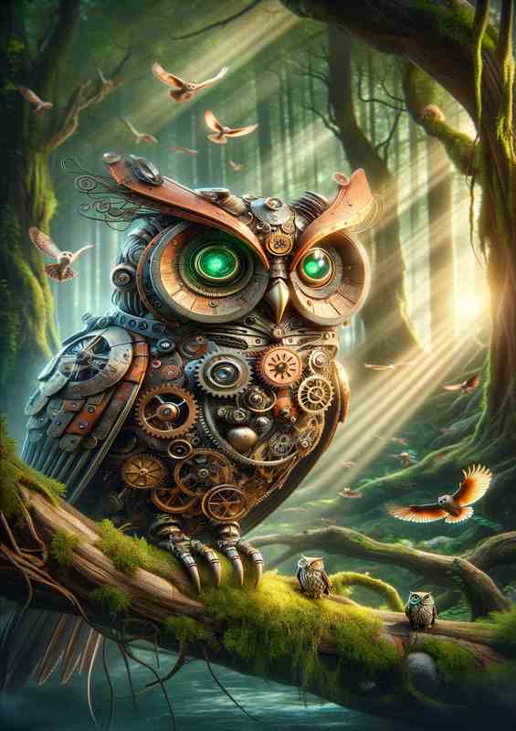 Whimsical Automaton Steampunk Owl in Forest