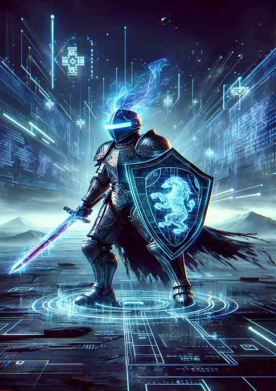 A futuristic knight in cyber armor standing