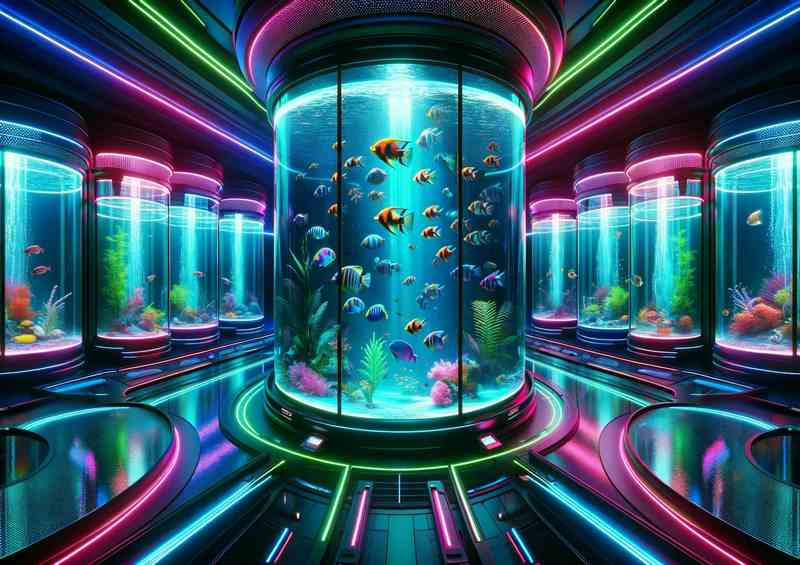 A Futuristic Neon Aquarium with Exotic Fish
