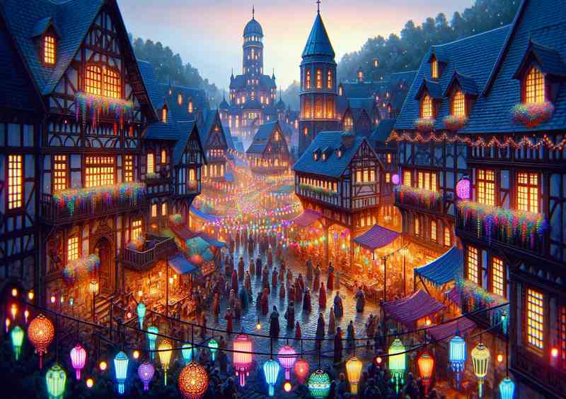 A Medieval Village Celebrating with Neon Lanterns