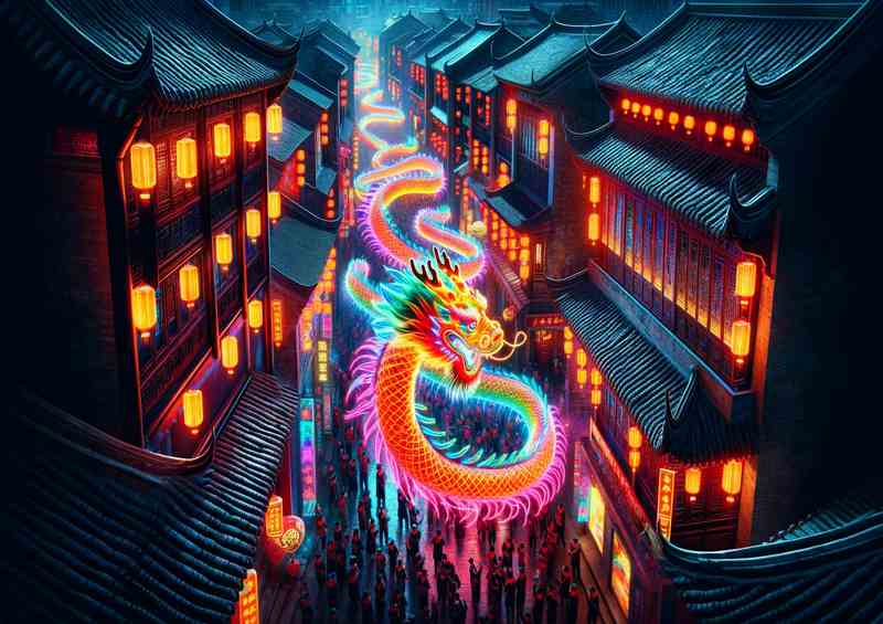 A Neon Dragon Dance in a Historical Chinese Town