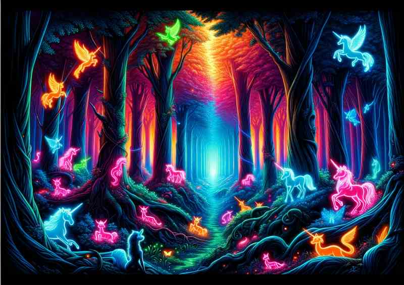 A Neon Enchanted Forest with Mythical Creatures