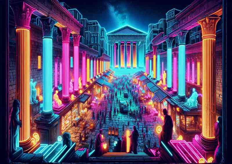 A Neon Infused Ancient Greek Agora at Night
