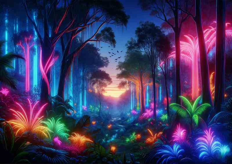 Neon Twilight Jungle Metal Poster