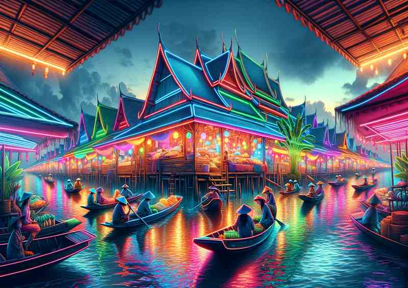 A Neon Lit Floating Market in Southeast Asia