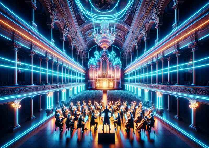 A Neon Symphony Orchestra in a Baroque Hall