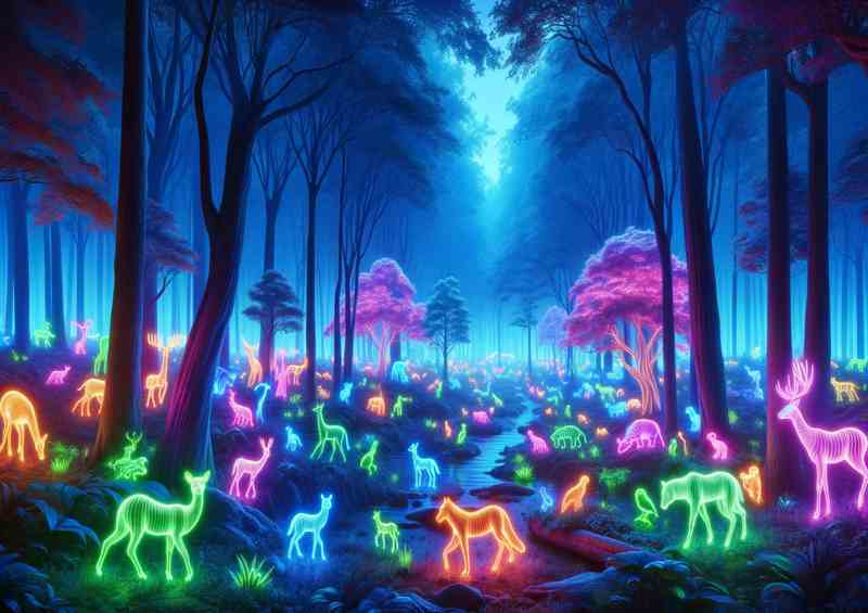 A Neon Wildlife Parade in an Enchanted Forest