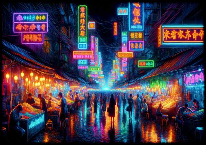 Neon Night Market Metal Poster