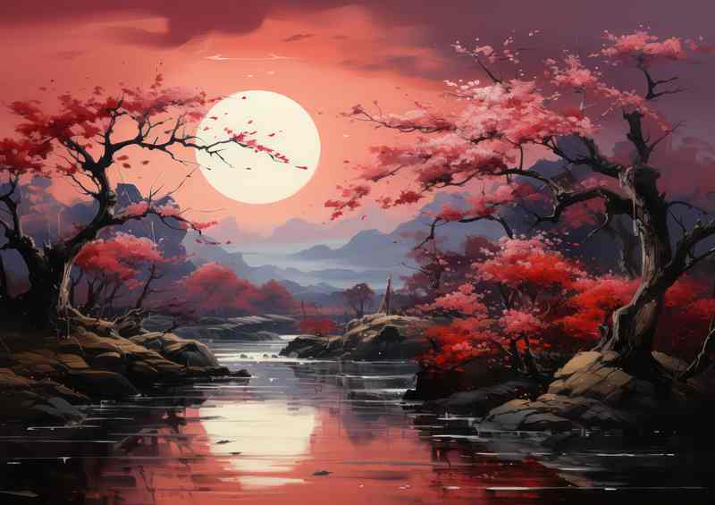 Cherry Blossom Reflections Japanese Lakes and Rivers -| Metal Poster