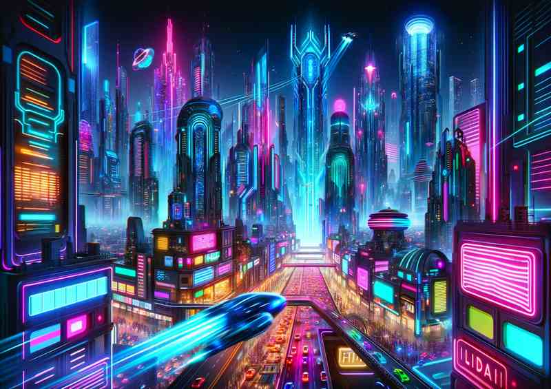 A cityscape at night illuminated by neon lights