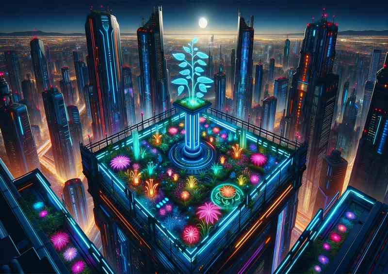 A futuristic neon sky garden in a metropolis