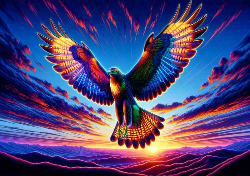A hawk soaring in the sky rendered in a neon art style