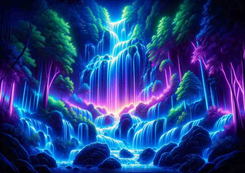 A majestic neon waterfall in a lush forest