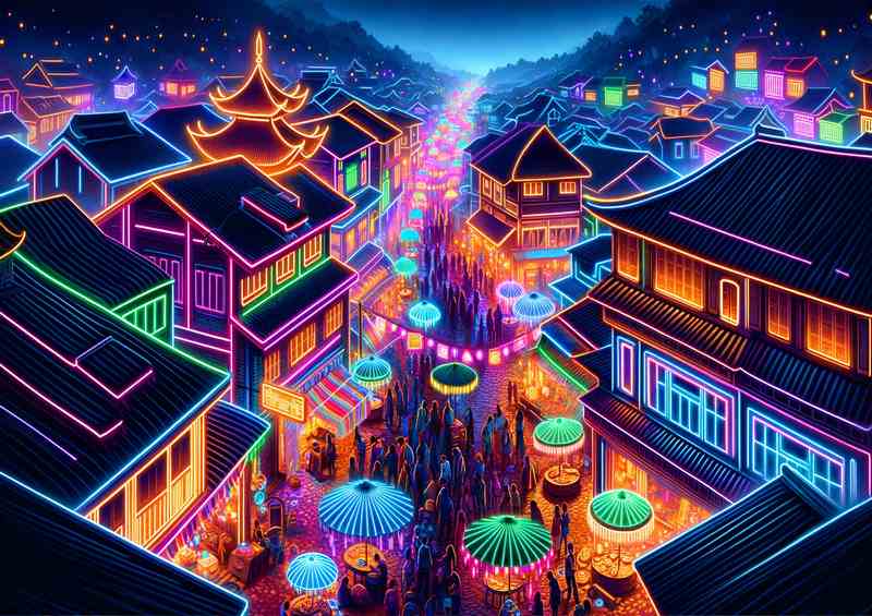 A neon festival in a traditional village at night