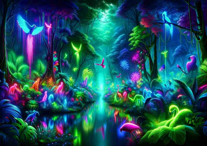 A neon jungle with exotic glowing wildlife