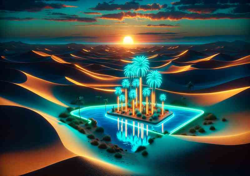 A neon oasis mirage in a desert at dusk