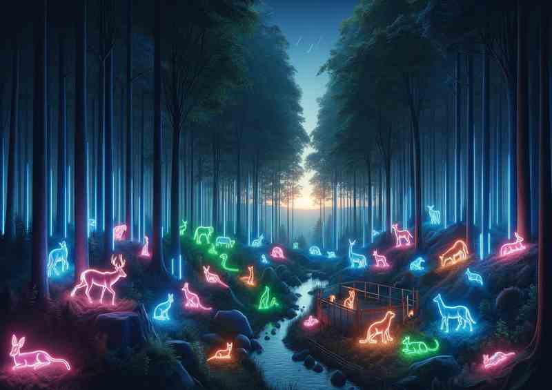 A neon wildlife sanctuary at dusk
