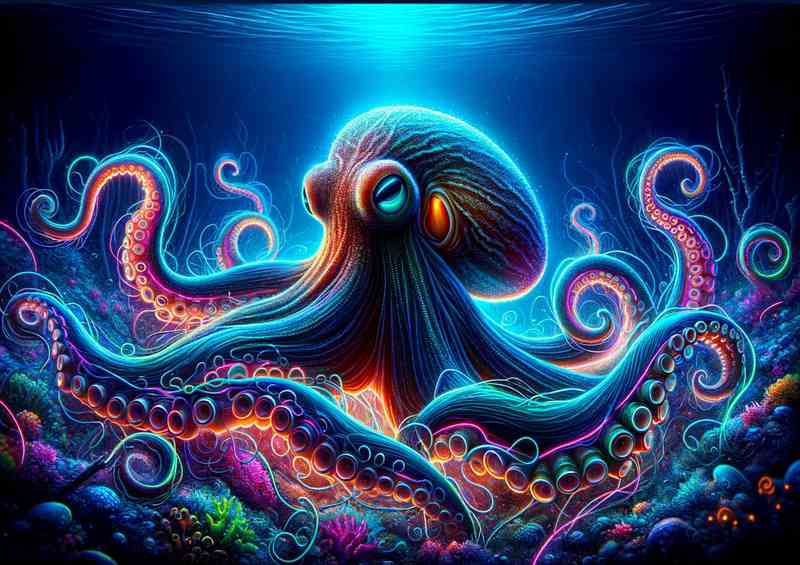 A octopus deep underwater portrayed in a neon art style