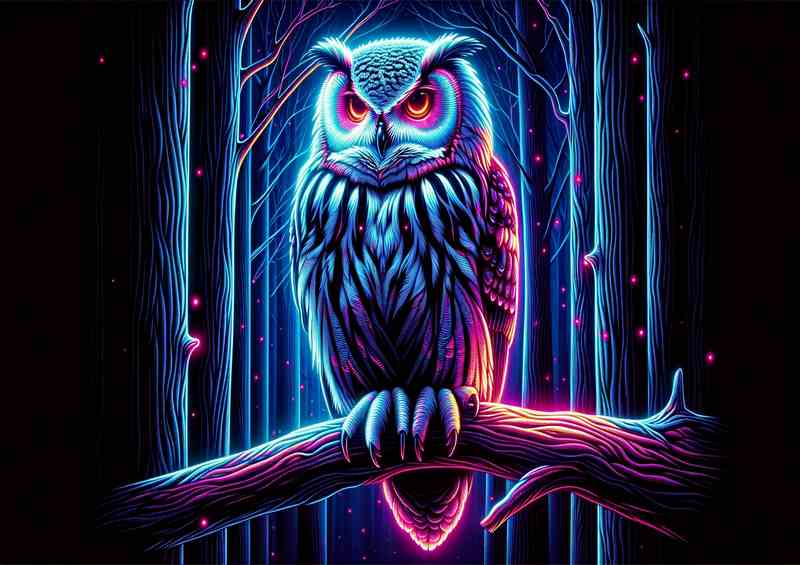 A owl perched on a tree branch in a neon art style