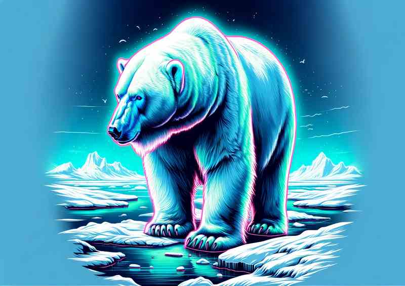 A polar bear in a snowy landscape in a neon art style