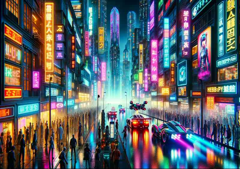 Bustling neon lit cyberpunk city street