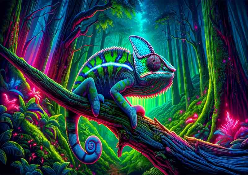 Chameleon on Branch Neon Metal Poster