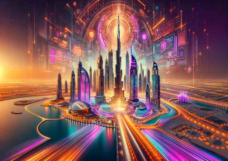 Dubai skyline aglow with radiant neon colors