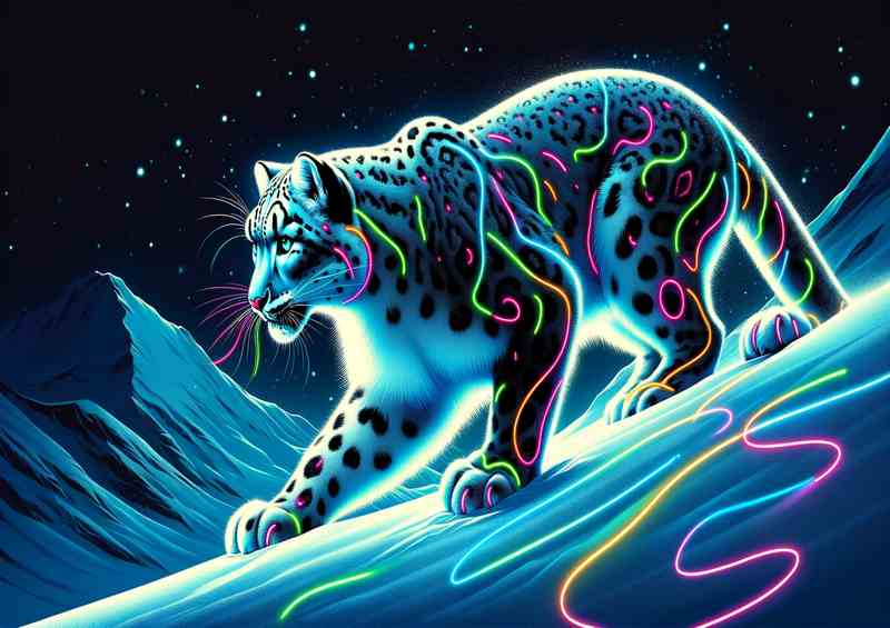 Elegant snow leopard illuminated in a neon art style