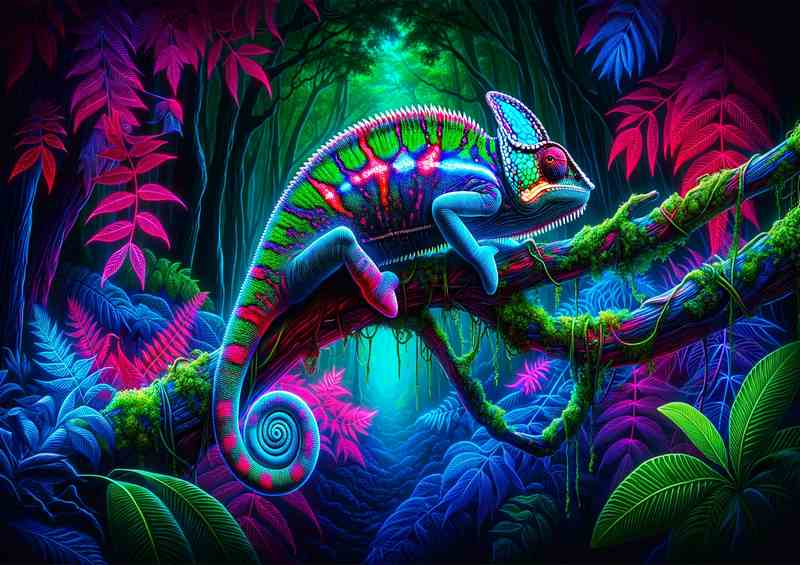 Neon Chameleon Tree Metal Poster