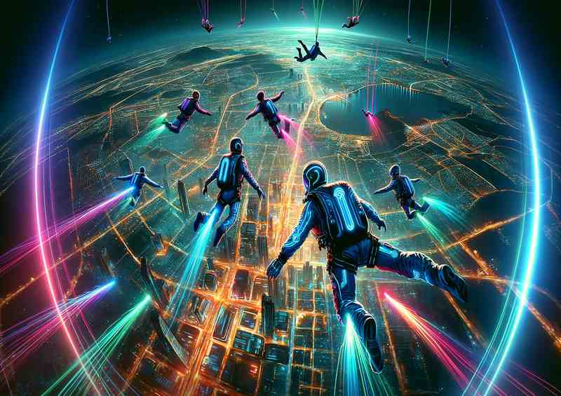 Futuristic Neon Skydivers over a Cityscape