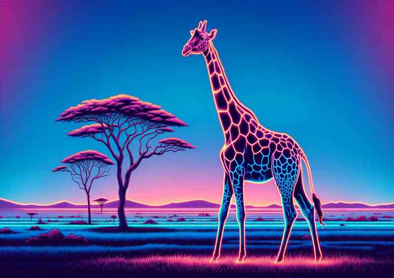 Giraffe in a savannah landscape in a neon art style