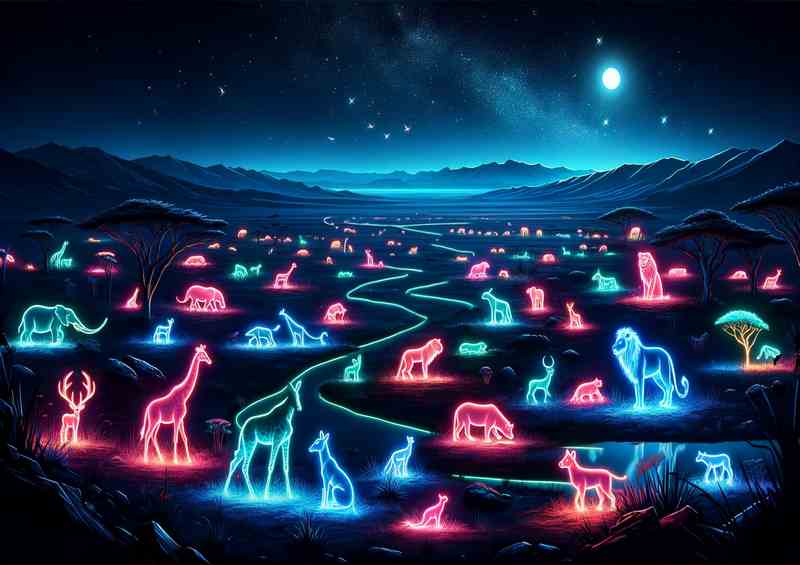 Glowing neon wildlife on a savannah at night