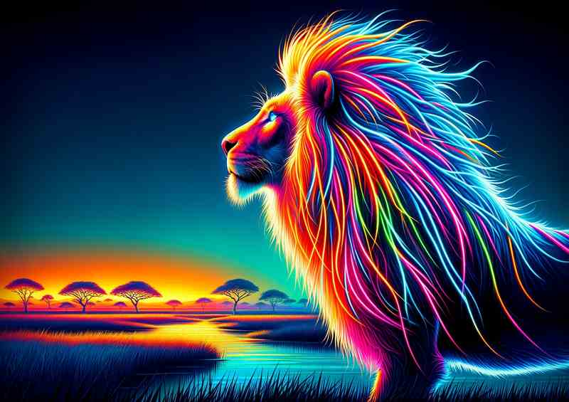 Majestic lion with vibrant neon mane