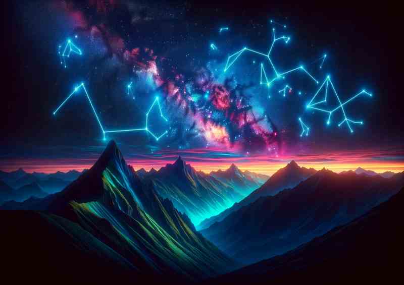 Neon Constellations over a Mountain Range