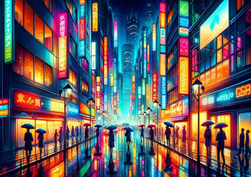 Neon filled streets in a rain soaked metropolis