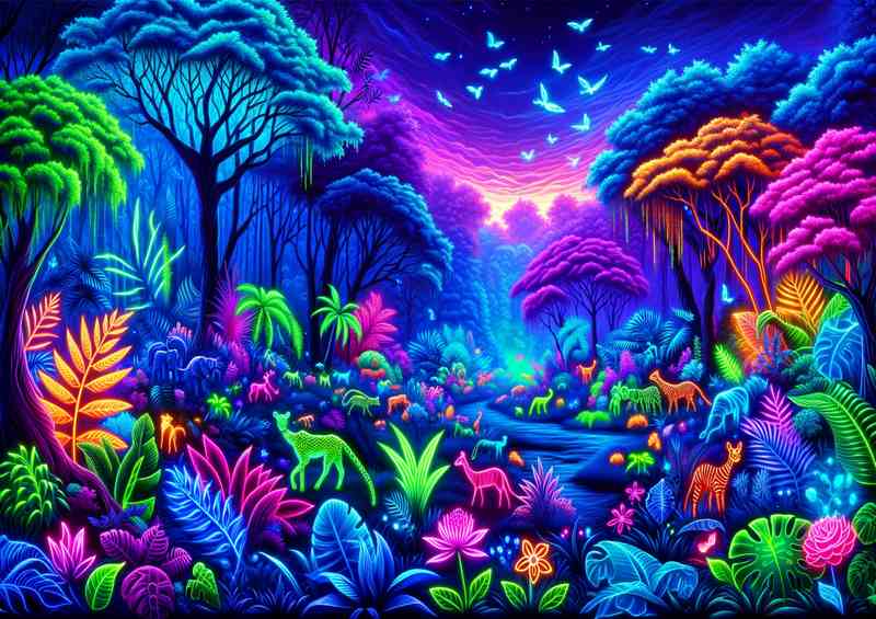 Neon Twilight Jungle Scene Metal Poster