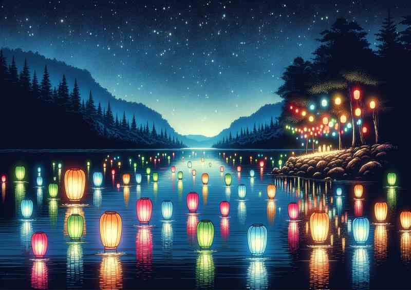 Neon lanterns floating on a tranquil lake at night