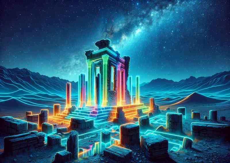 Neon lit ancient ruins under a starry sky